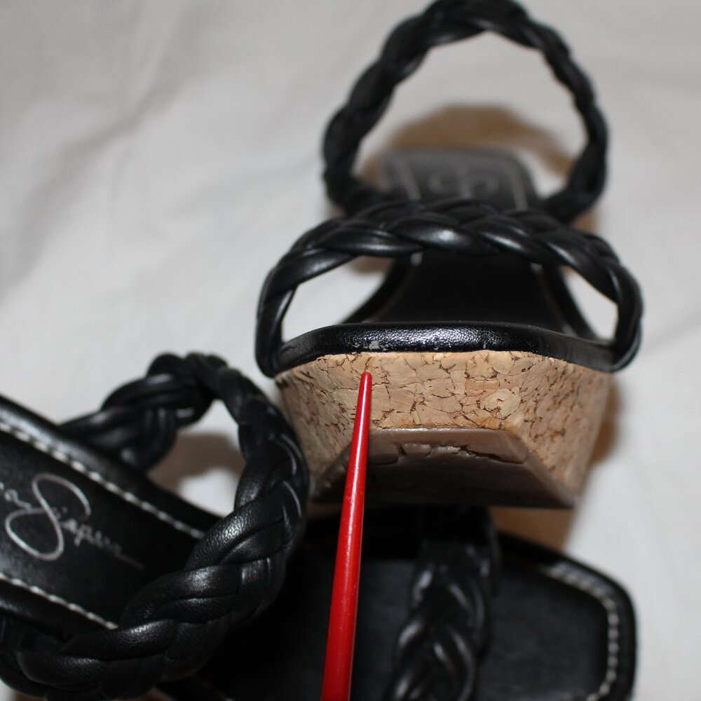Jessica Simpson Black Leather Braided 2-Strap Cork Platform Wedge Sandals - Picture 13 of 16